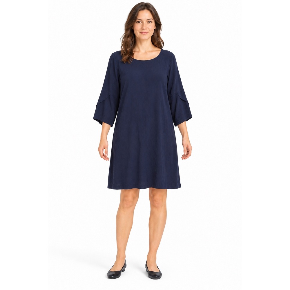 Eileen Fisher Silk Georgette Crepe Dress Medium Navy Ballet Neck Draped Sleeve